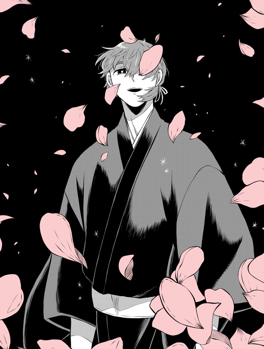 1boy male focus petals japanese clothes solo black background kimono  illustration images