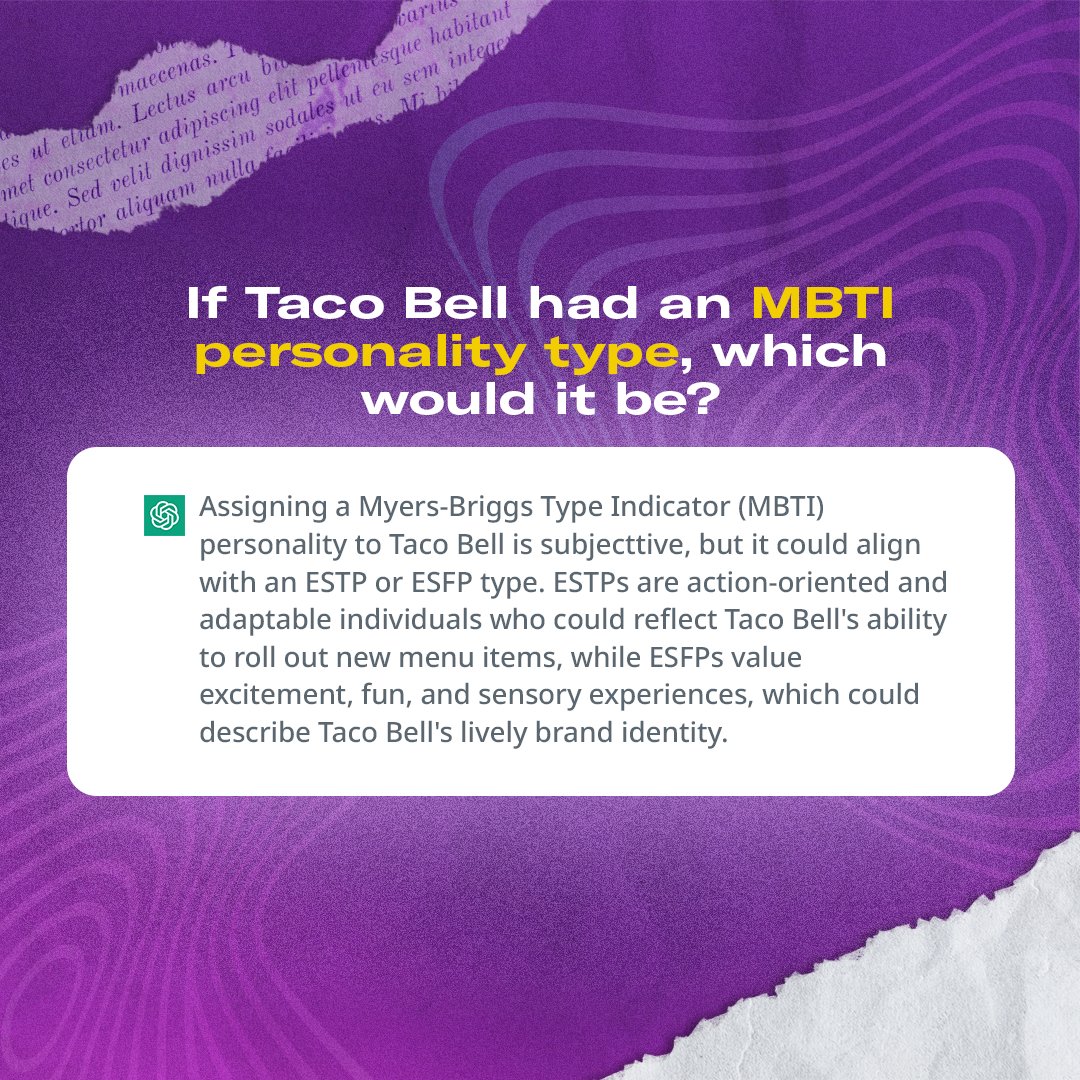 tacobellmy's tweet photo. Let’s have a chat with AI! 🤖
We asked ChatGPT some pretty random questions about us (🙆🏻♀️) and thought it’d be 🔥 to share!
Swipe for some laughs 👉🏻
#TacoBell #TacoBellMalaysia #ISEEATACO #TukarKeTaco #LiveMás #LiveKawKaw #ChatGPT https://t.co/UujEd0y3xc