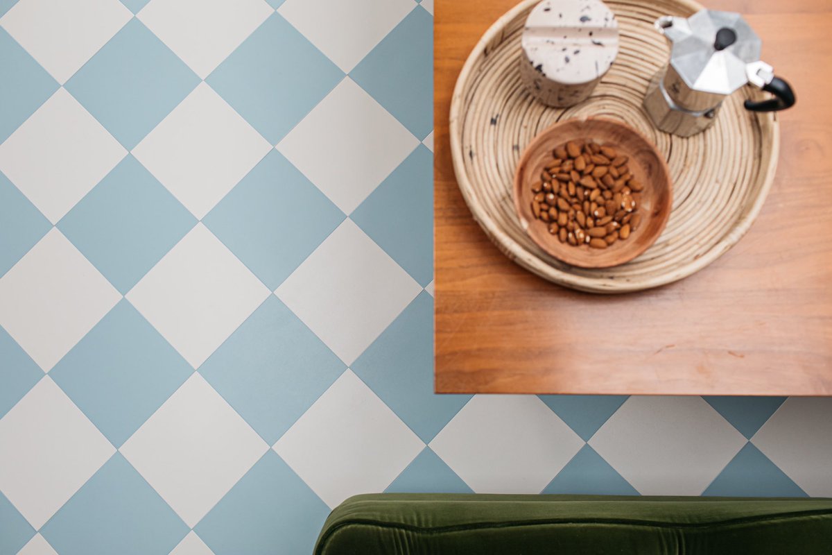 Inspired by the 60s &amp; 70s trend revival, what better way to celebrate playful colour and pattern than with a dreamy pale blue chequerboard floor? Squares Bay Blue &amp; Linen White create this retro inspired style, whilst still lookingmodern and also being incredibly practical 💙🤍