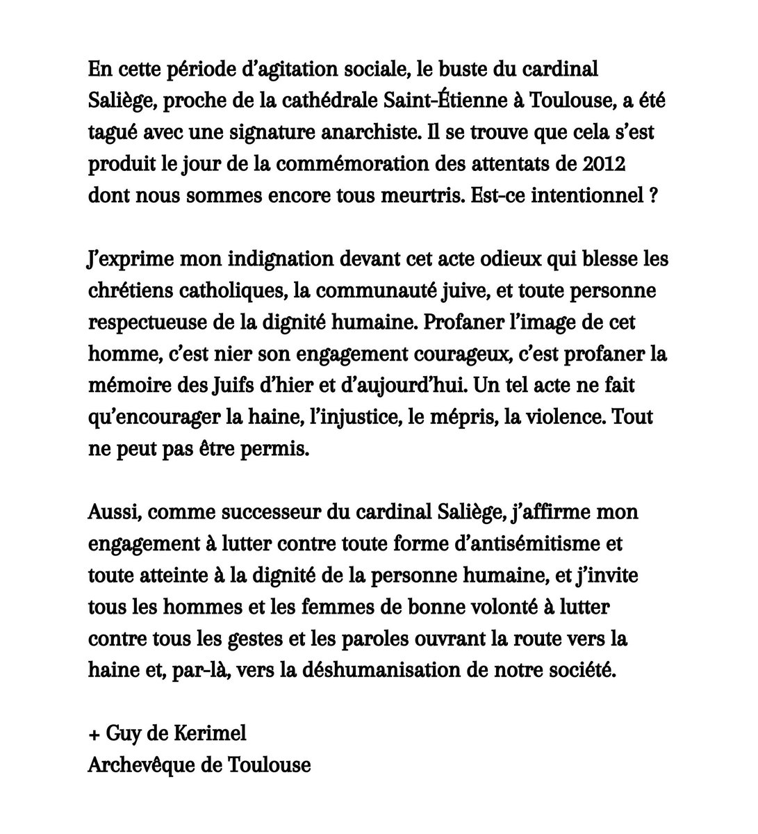 Communiqué de Mgr Guy de Kerimel, Archevêque de Toulouse - 20 mars 2023