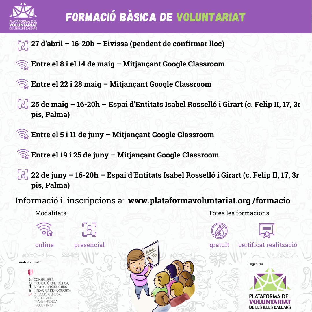 plavib's tweet photo. 🗓️ Continuem amb les formacions bàsiques de voluntariat del segon trimestre a la #PLAVIB 📢👏💪
Apropa't al món del #voluntariat i les seves #entitats
➕ℹ️ I inscripcions a https://t.co/gUbUGgLbBA
#formació #transformant https://t.co/acmJg32bLk