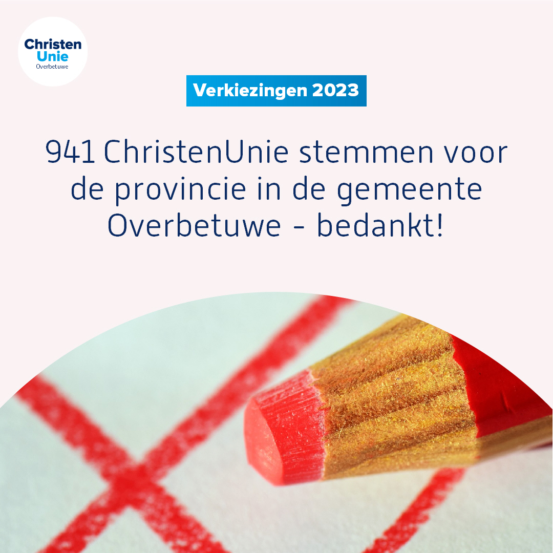 In de @Gem_Overbetuwe zijn de stemmen geteld en is er 941 keer op @CUGelderland  gestemd. Dank voor uw stem!

Meer weten over #PS2023 of #WS2023? 👇overbetuwe.nl/uitslagen-verk…