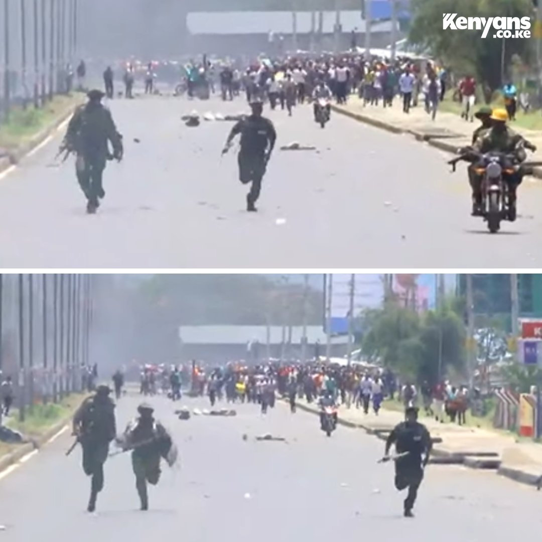 Kenyans's tweet photo. Protesters pursue police in Kisumu City https://t.co/LxBdoUyn7G