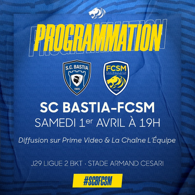 FCSM_officiel's tweet photo. 📺 Le déplacement sur la pelouse du @SCBastia le samedi 1er avril à 19h sera le match directeur du Multiplex de la 29e journée de @Ligue2BKT sur @PVSportFR.
➕ La rencontre sera également co-diffusée sur La Chaîne @lequipe. #FCSMSCB