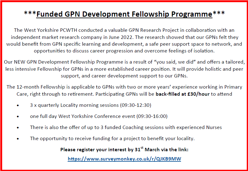 LeedsPCWTH's tweet photo. Our NEW GPN Development Fellowship Programme is a 12-month Fellowship that's applicable to GPNs with 2+ years’ experience working in Primary Care, right through to retirement. Participating GPNs will be back-filled at £30/hour to attend. Register here:
https://t.co/k1m2wiHxW7 https://t.co/lZjQ4NvNUE