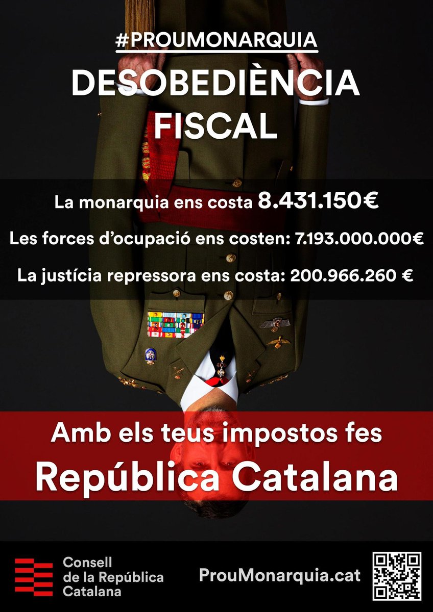🔴Desobediència fiscal

Quant ens consta la repressió espanyola? Fes objecció fiscal per mostrar el teu rebuig a una institució que va contra els teus principis. T'expliquemcom fer-ho👇🏽

ℹ️proumonarquia.cat

#PreparemNos