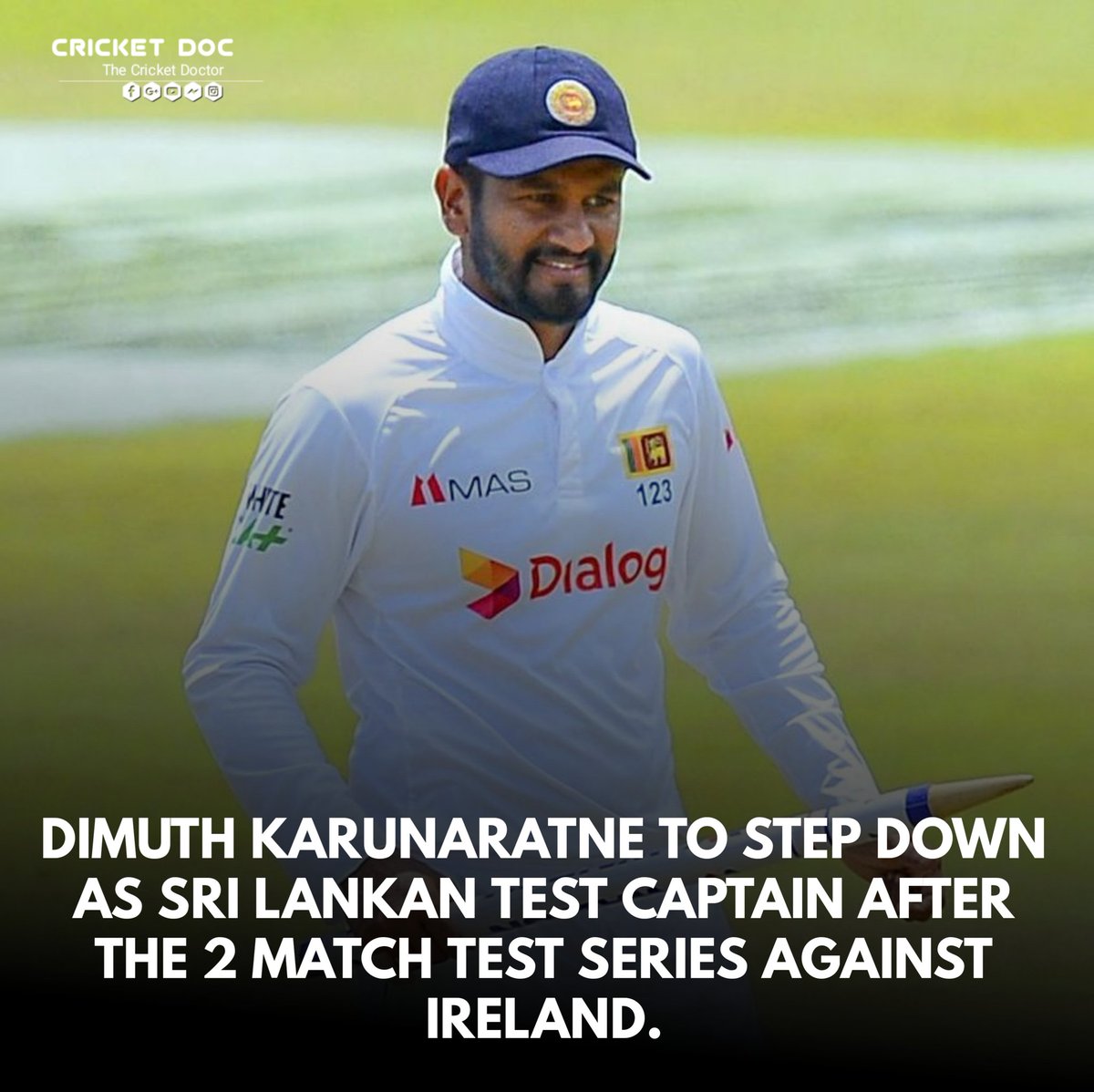 Cricketmr360's tweet photo. Dimuth Karunaratne to step down as Sri Lankan Test captain after the 2 match Test series against Ireland. https://t.co/0SOCByU2P1