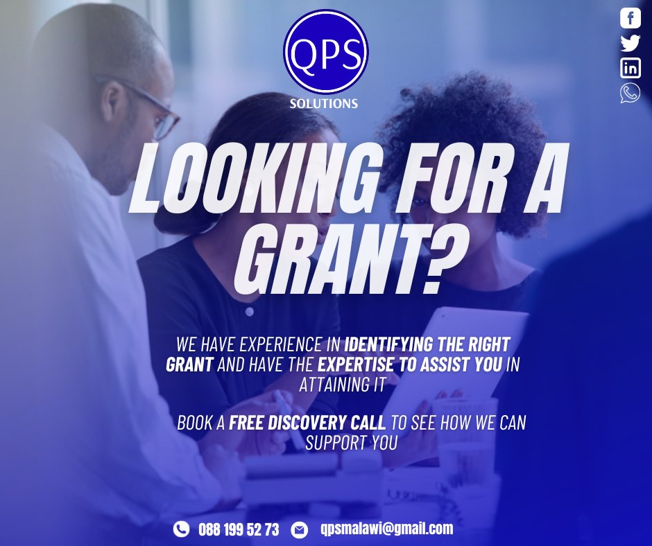 qps_solutions's tweet photo. Unlock funding opportunities for your business with QPS Solutions! Book a FREE discovery call at 0881995273 or qpsmalawi@gmail.com and let us help you identify and apply for grants. #QPSsolutions #businessgrants #discoverycall https://t.co/5oaN5XgGEE