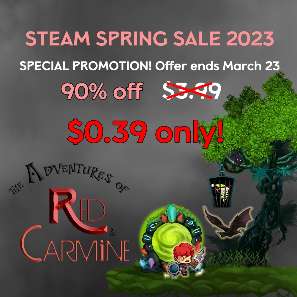 Adventures of Red & Carmine is on SALE with 90% off! It is now only $0.39.... Hurry and grab a copy now, offer ends March 23!
Click here:
store.steampowered.com/app/2214570/Ad…
Happy playing!
#sale #steam #steamstore #pcgame #2dpcgame #pcplatformer #indie #steamspringsale #ends23march #discount