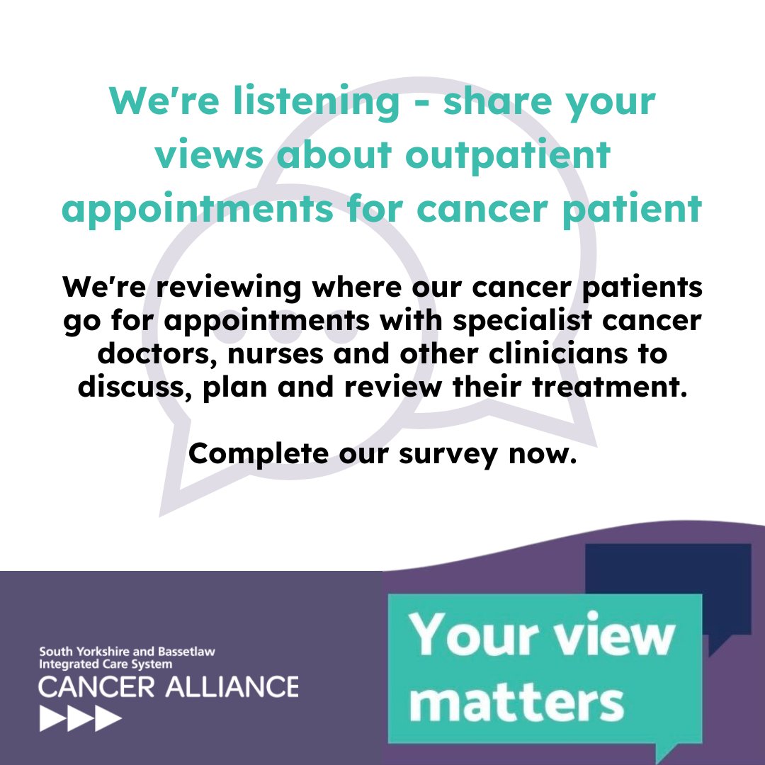 CanAlliance_SYB's tweet photo. 👂🏻We’re listening - share your views about outpatient appointments for cancer patients.

We’re reviewing where our patients go for appointments with specialist cancer doctors, nurses and other clinicians. Complete our survey at https://t.co/xqJRqH92jO https://t.co/lJoM8njUkR