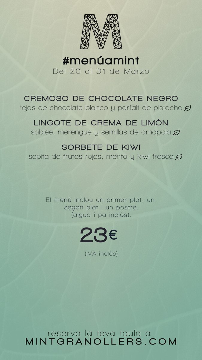 mintgranollers's tweet photo. El #menúamint d'aquesta setmana: Del 20 al 31 de Març
El #menúenmint de esta semana: Del 20 al 31 de Marzo
This week's #setlunchmenu: From 20th through 31st March
Le #menúamint de cette semaine: Du 20 au 31 mars

➡️ https://t.co/tLRi8WnpDc

#mint #restaurant #granollers #michelin https://t.co/r1Gj0e7Vu2