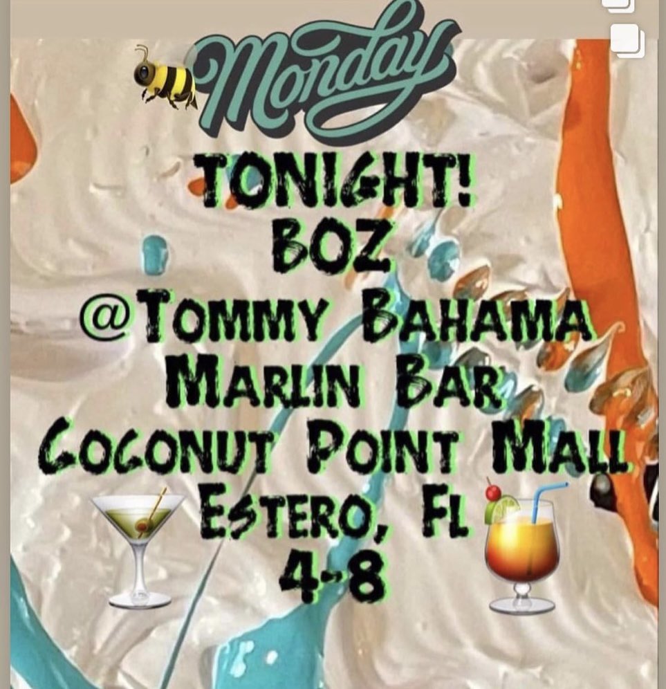Boztunes1's tweet photo. Tonight! Mojo Monday! I be playing tunes @ #MarlinBar 4-8 @Coconut_Point #esteroflorida #musicislove #thebeehive #thebeststaff https://t.co/NyUw13nRuw