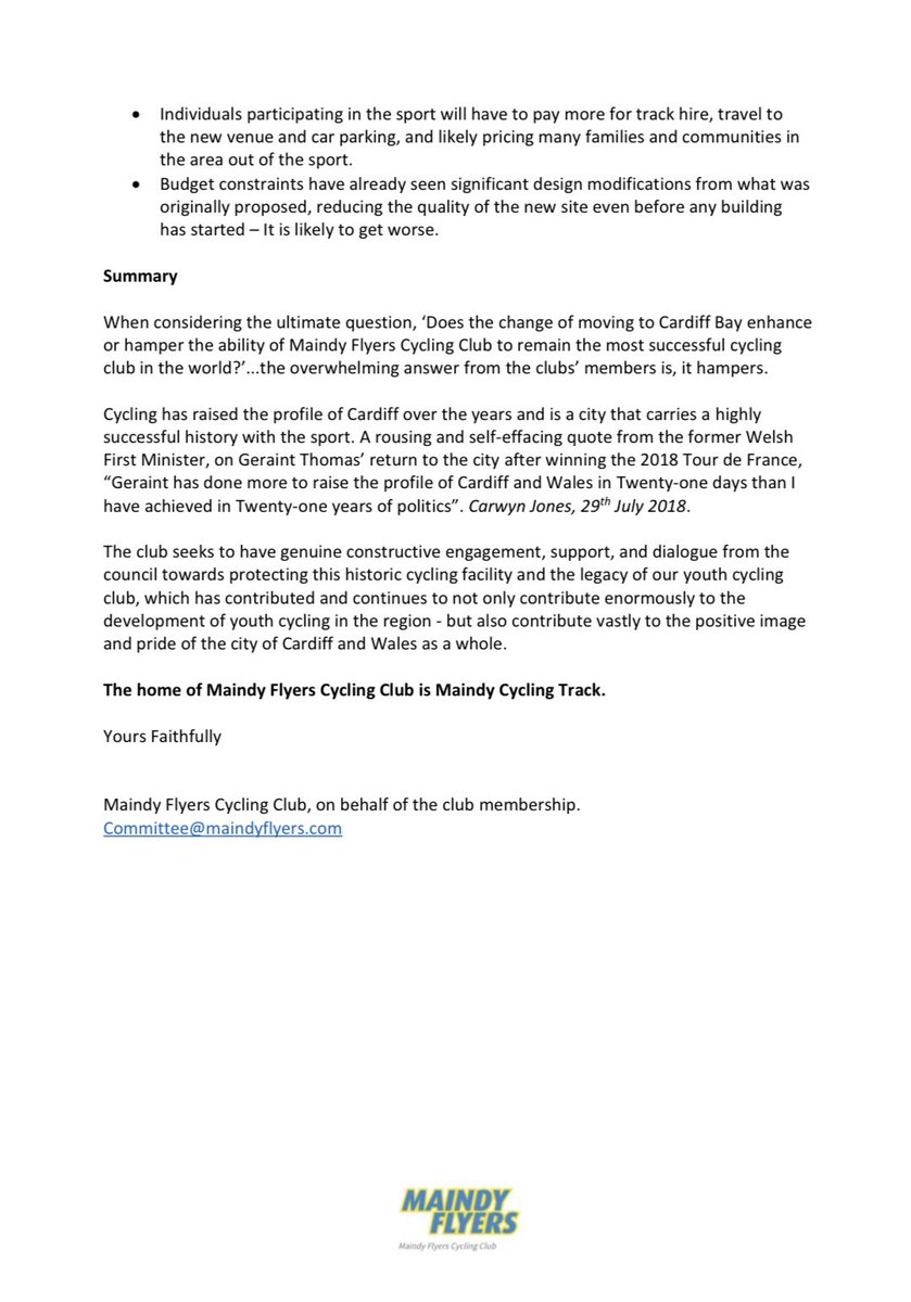 **MAINDY FLYERS PRESS STATEMENT** Maindy Flyers Cycling Club and it’s membership opposes the destruction of Maindy Cycling track. We attach our press statement and an open letter to Cardiff City Council outlining our position. Please support us in saving our velodrome.