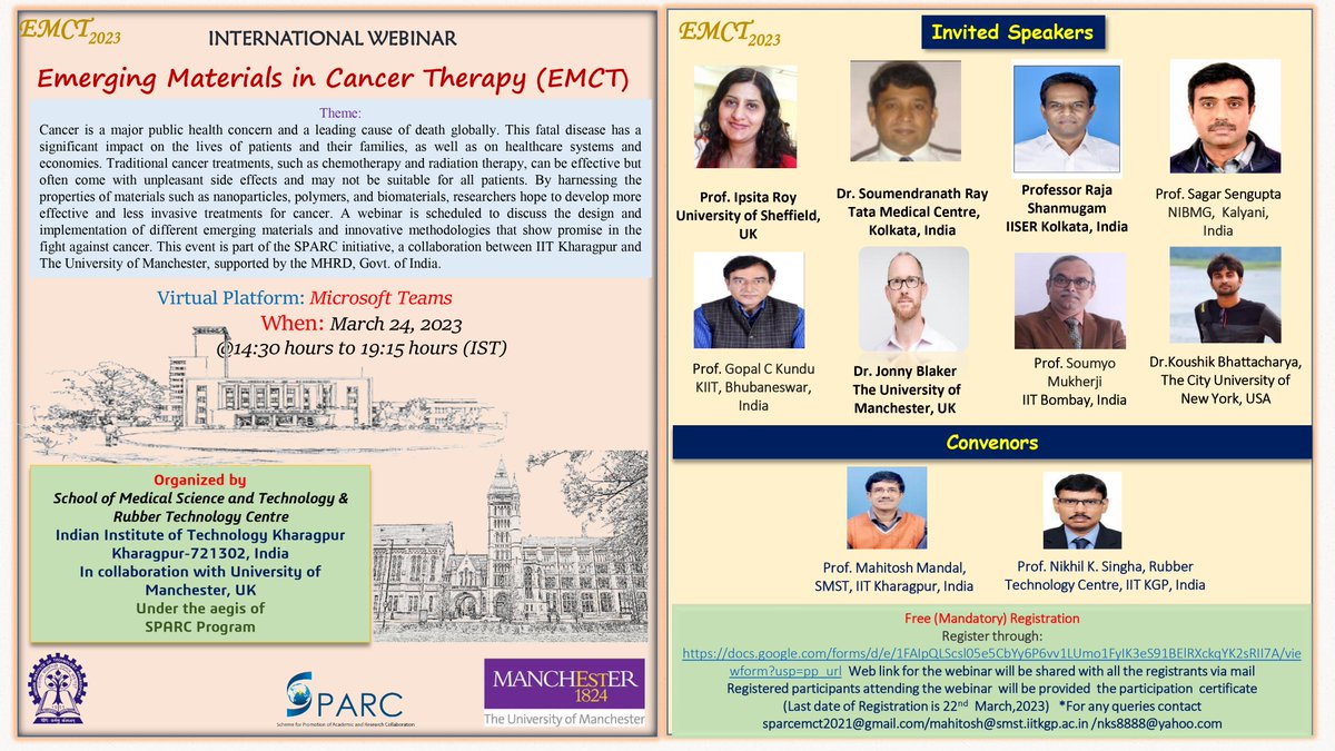 MM_CancerBioLab's tweet photo. We welcome everyone to join the International webinar on "Emerging Materials in Cancer Therapy" on March 24, 2023, conducted by @IITKgp in collab with #UniversityofManchester
Register before March 22!
@ipsita2015 @DrSagarSengupta @kundu09065527  @Mukhyo_Upadhyay @OfficialUoM https://t.co/XRqjzvZll7