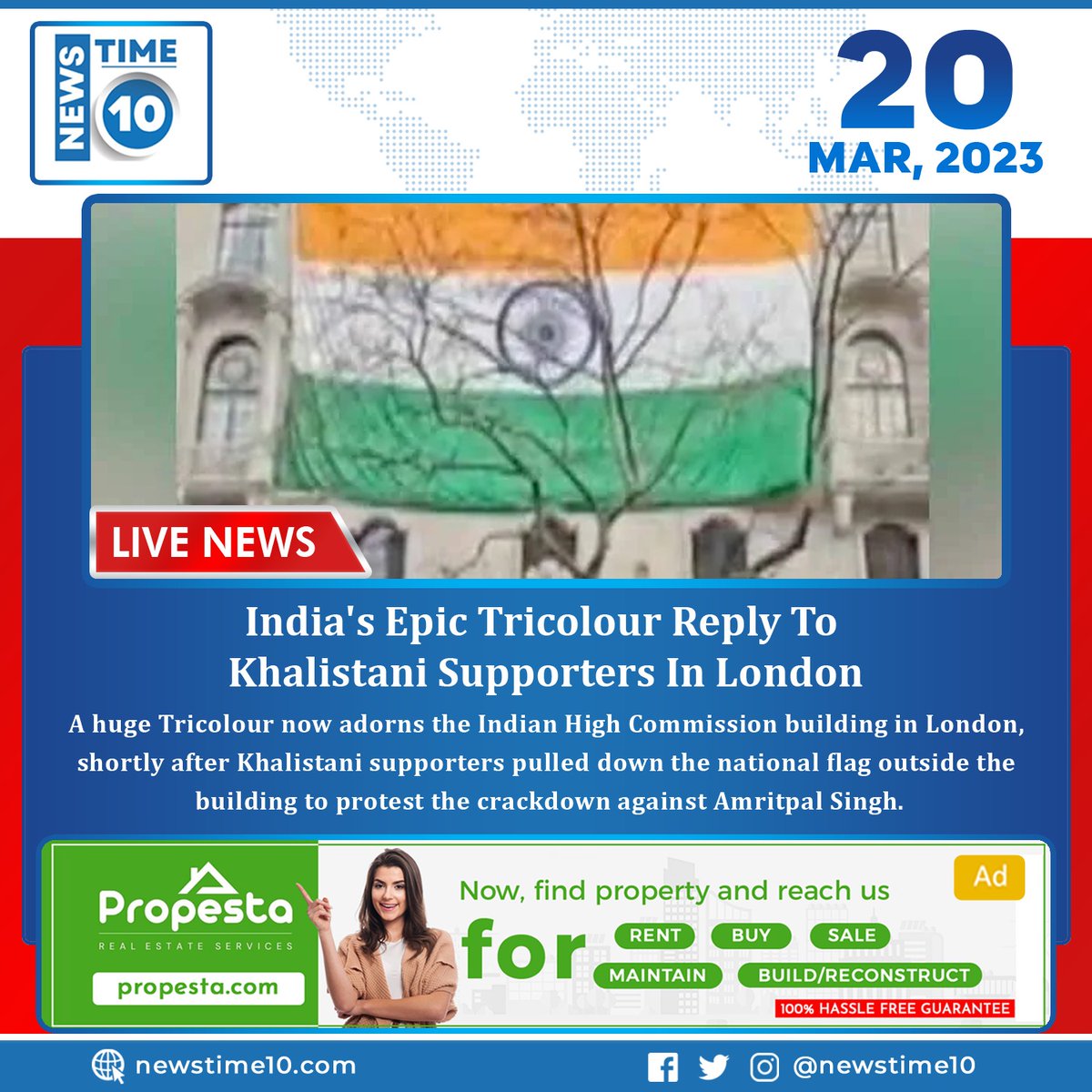 newstime_10's tweet photo. India's Epic Tricolour Reply To Khalistani Supporters In London
Read more: https://t.co/RAnm7uqvG6
#newstime10 #NT10 #LiveNews #news #london #tricolourflag #khalistani #supporters #hugetricolour #indianhighcommision #NationalFlag #AmritpalSingh https://t.co/5bKfRxni47