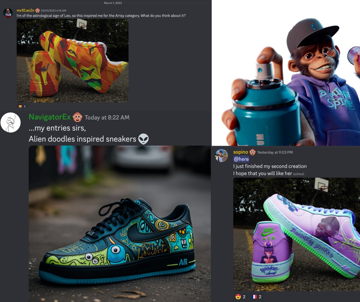 BRAINLESS x WOKECUSTOMS sneaker design winners!💯🚀

-BEST DESIGN: NavigatorEx#7082! The design will be auctioned. If it's sold, creator will get % profits. Guaranteed FREE NFT airdrop. 🙈⚡

-BEST BRAINLESS: sopino#1578! 🙈⚡
-BEST ARTSY: mx10.ac2n#1020! 
Rewards: NFT airdrop