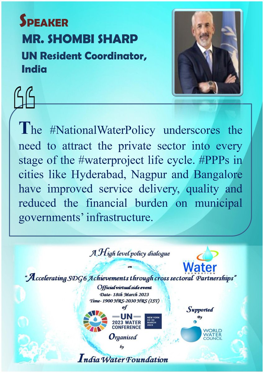 IndiaWaterFoun1's tweet photo. Mr. #ShombiSharp, #UNResidentCoordinator India, speaking at high level policy dialogue on Accelerating #SDG6 Achievements through #CrossSectoralPartnerships in collaboration with #WorldWaterCouncil on 18th March 2023 under the aegis of #UN2023WaterConference. #G20India https://t.co/FcPFkzU0l8