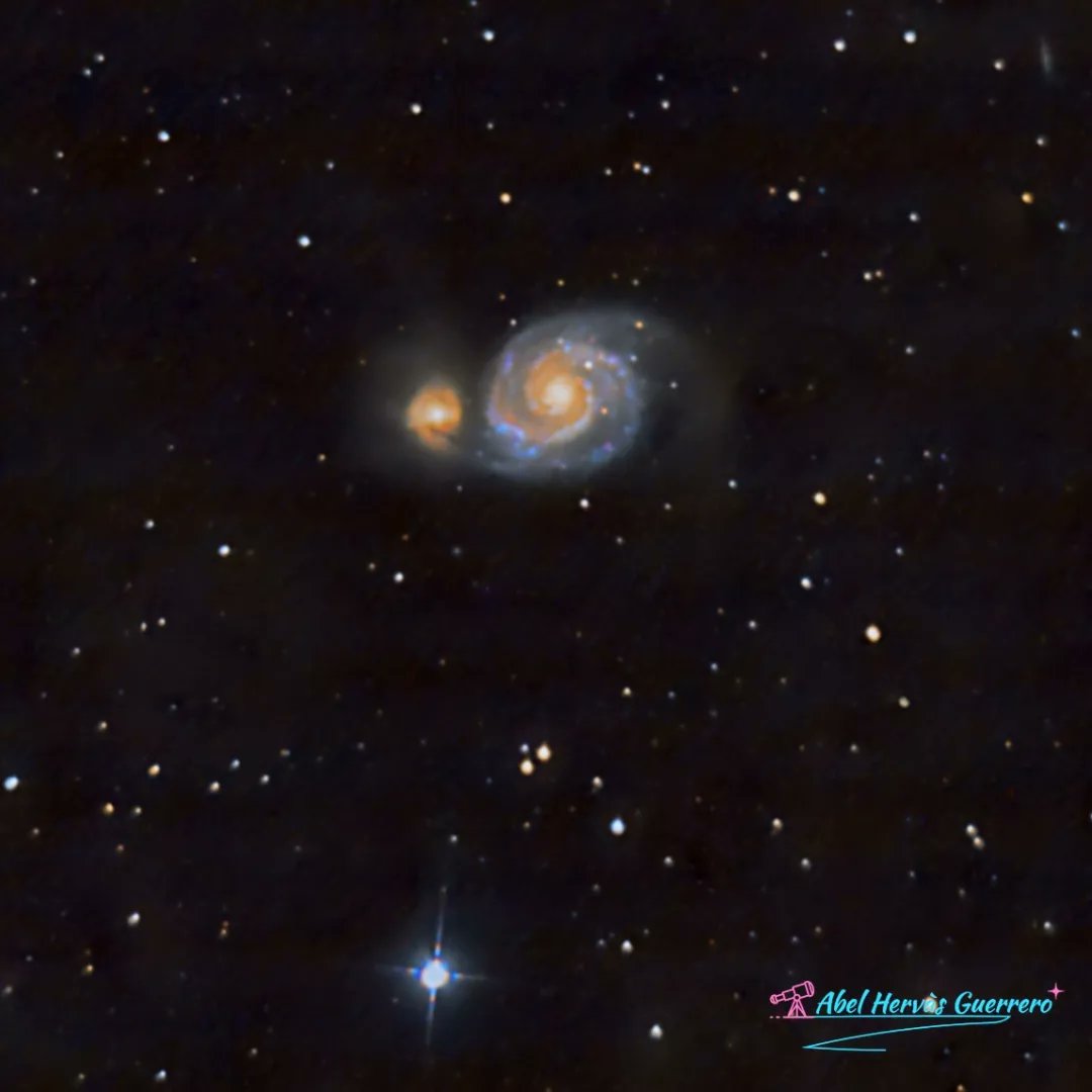 *Galàxia del remolí (M51)* 🌀

Aquesta galàxia i la seva companya més petita són dues galàxies que estan en interacció.

🗓️ 18/2/2023  00:30
🔭 Astromaster 130/650
📸  Canon 350D modificada
⚙️ Eq6r Pro Skywatcher 
📂 158 lights 60" 
Total: 2h 38min d'exposició 
👨🏻‍💻 Siril