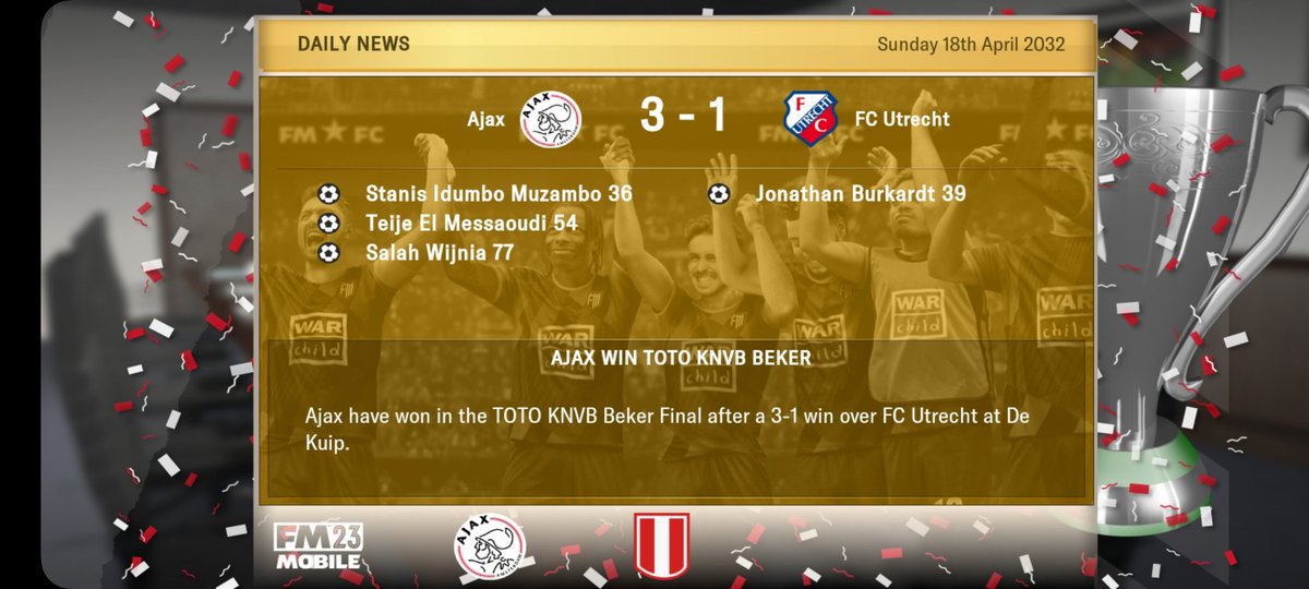 FMM_Blog's tweet photo. Season 2031/32:

🏆Eredivisie
🏆KNVB Cup
🏆Dutch Super Cup
🥈UEFA Champions League 

The usual Dutch treble but the real story of the season is the absolute heart break of losing the UCL final on penalties against Real Madrid having lead twice and conceding in the 94th minute. https://t.co/5GtLNZRSYp