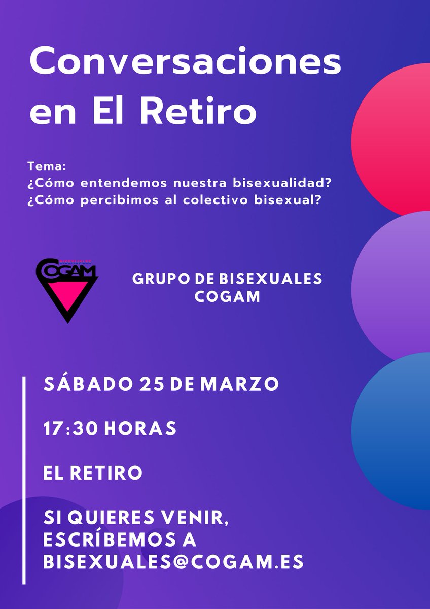 Nos vemos el próximo sábado a las 17.30 en El Retiro aprovechando que va llegando el buen tiempo.

Charlaremos sobre cómo percibimos nuestra propia bisexualidad así como la de otras personas. 

Si queréis venir, escribidnos a bisexuales@cogam.es