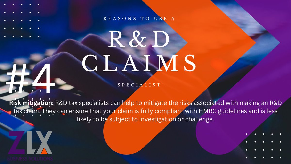Part four of our what we do...
#4
Risk mitigation: R&amp;D tax specialists can help to mitigate the risks associated with making an R&amp;D tax claim. They can ensure that your claim is fully compliant with HMRC guidelines and is less likely to be subject to investigation or challenge