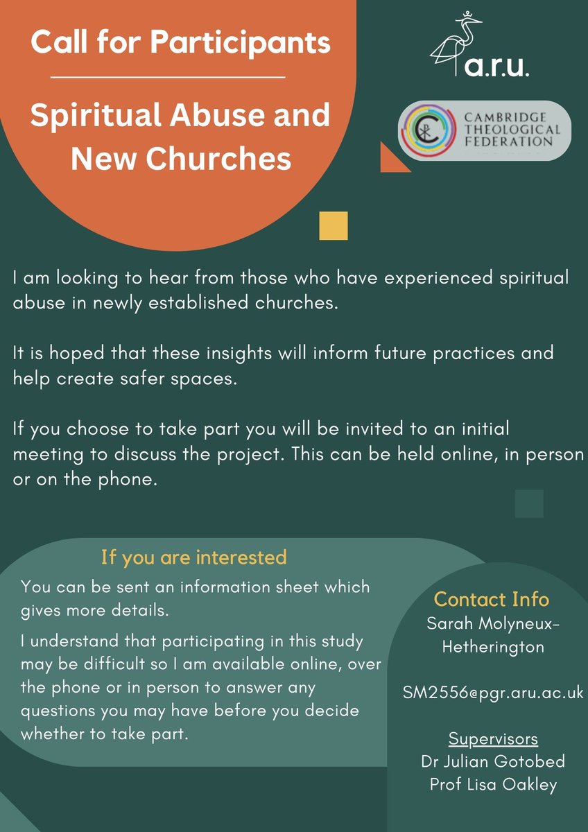 Still looking for participants for this study.

#SpiritualAbuse #ReligiousTrauma #Pioneering #FreshExpressions #NewChurches #Abuse #Trauma #CallForParticipants #Research