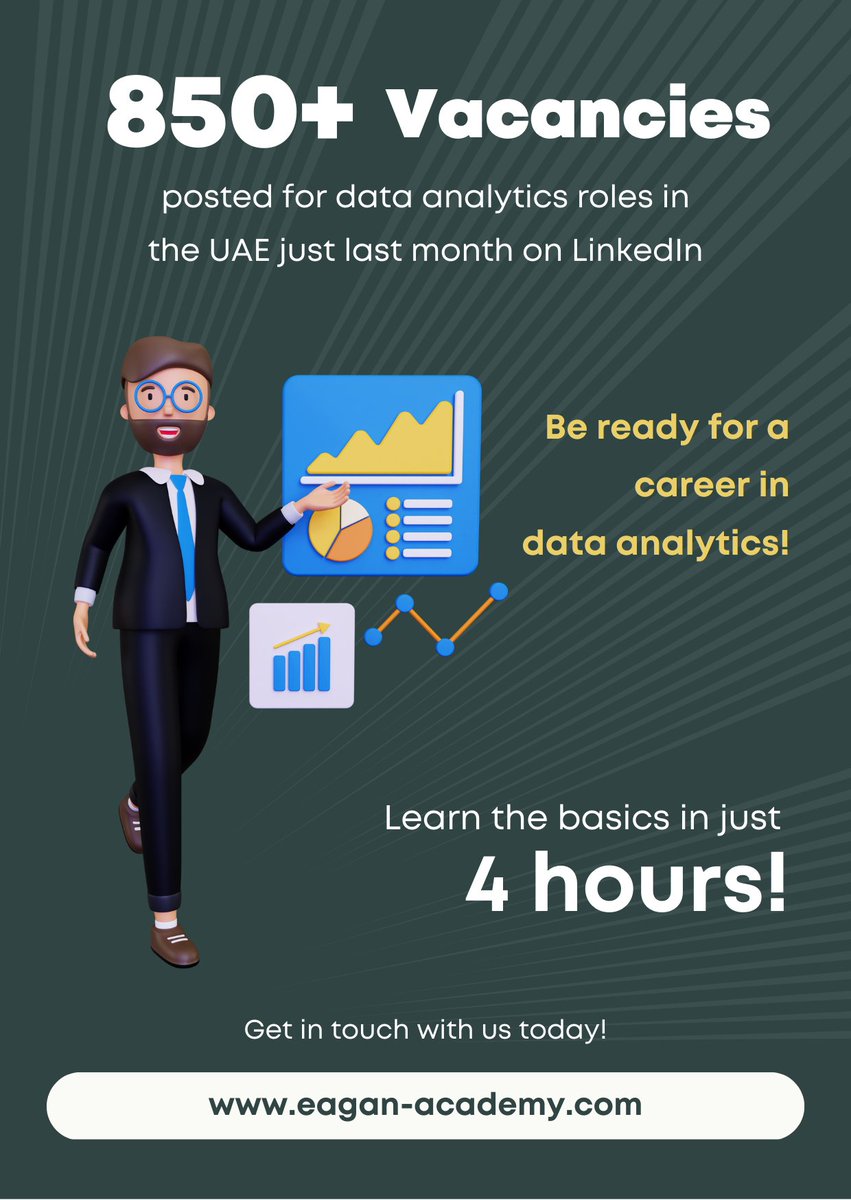 EaganAcademy's tweet photo. Did you know there were 858 new job postings for data analytics roles in the UAE just last week on LinkedIn? 
Take advantage of the exciting opportunities available. Enroll in our data analytics training courses today!
#DataAnalytics #UAEJobs #CareerOpportunities #UpskillNow" https://t.co/kb75SbqPEa
