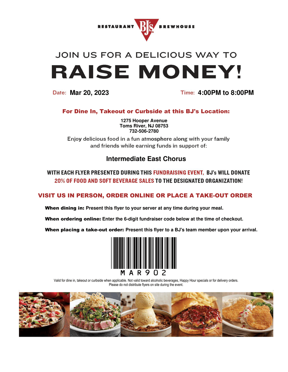 Support Intermediate East Chorus BJ's Brewhouse Fundraiser TONIGHT!  Show a copy of the flyer or order online with the code MAR902.  Thanks for your support!