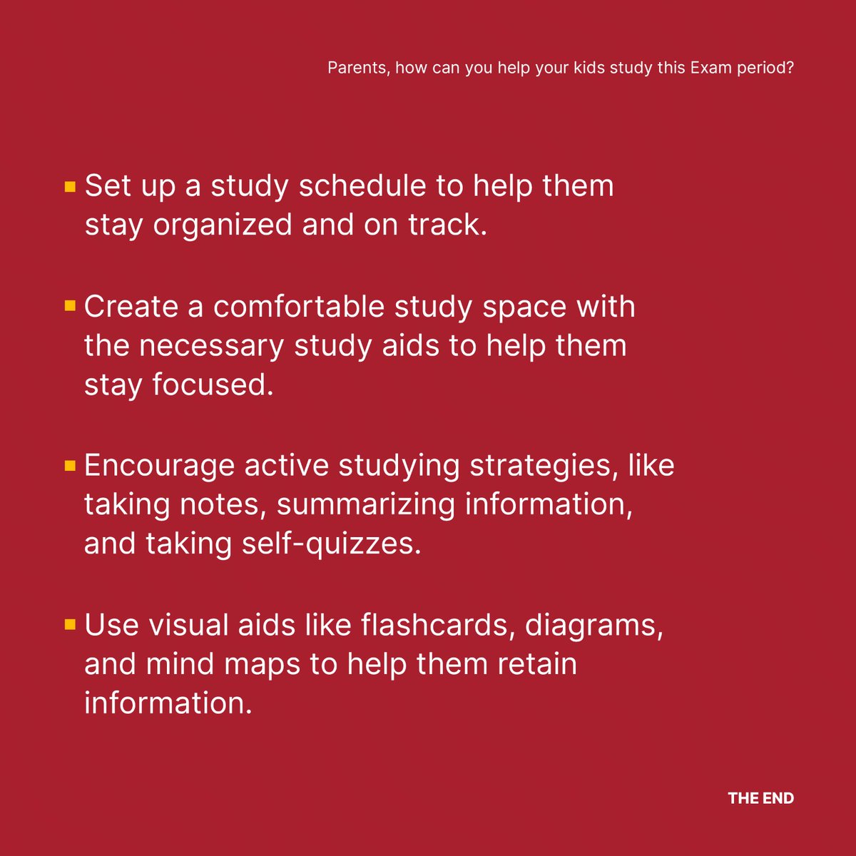 As parents, we play an important role in helping our kids succeed during exam periods. 📚💪 

Here are some tips for creating a conducive studying and active learning environment for them.

 #Examprep #Studytips #Activelearning #supportiveparenting #parents #parenting #mondaytip