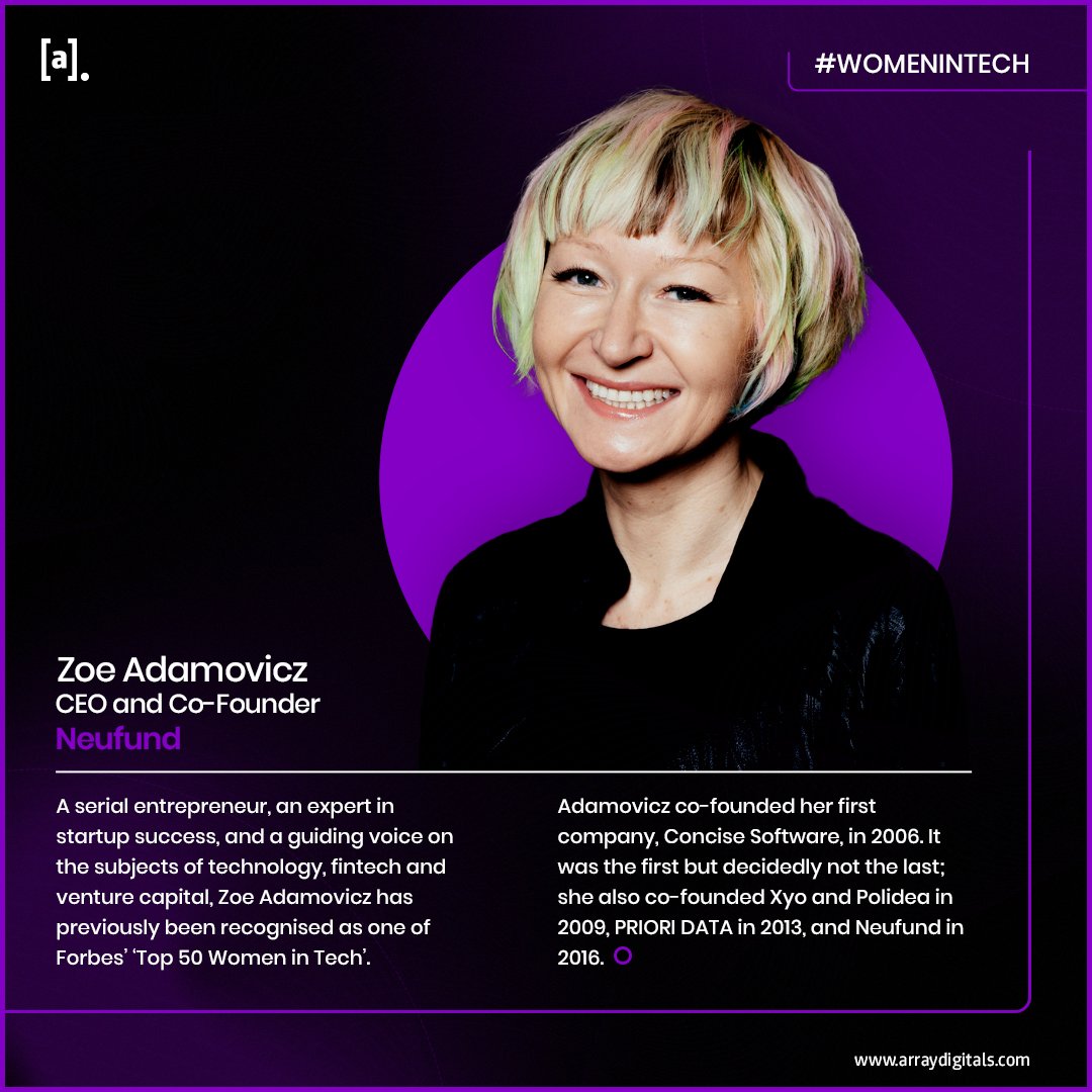 array_digitals's tweet image. This Monday's #WomeninTech feature is none other than Zoe Adamovicz!

Been recognized as one the Forbes "Top 50 Women in Tech" candidates, Adamovicz is is the co-founder of her company, Concise Software. 

#ArrayDigitals #MondayFeature #womeninbusiness #womenempowement #industry