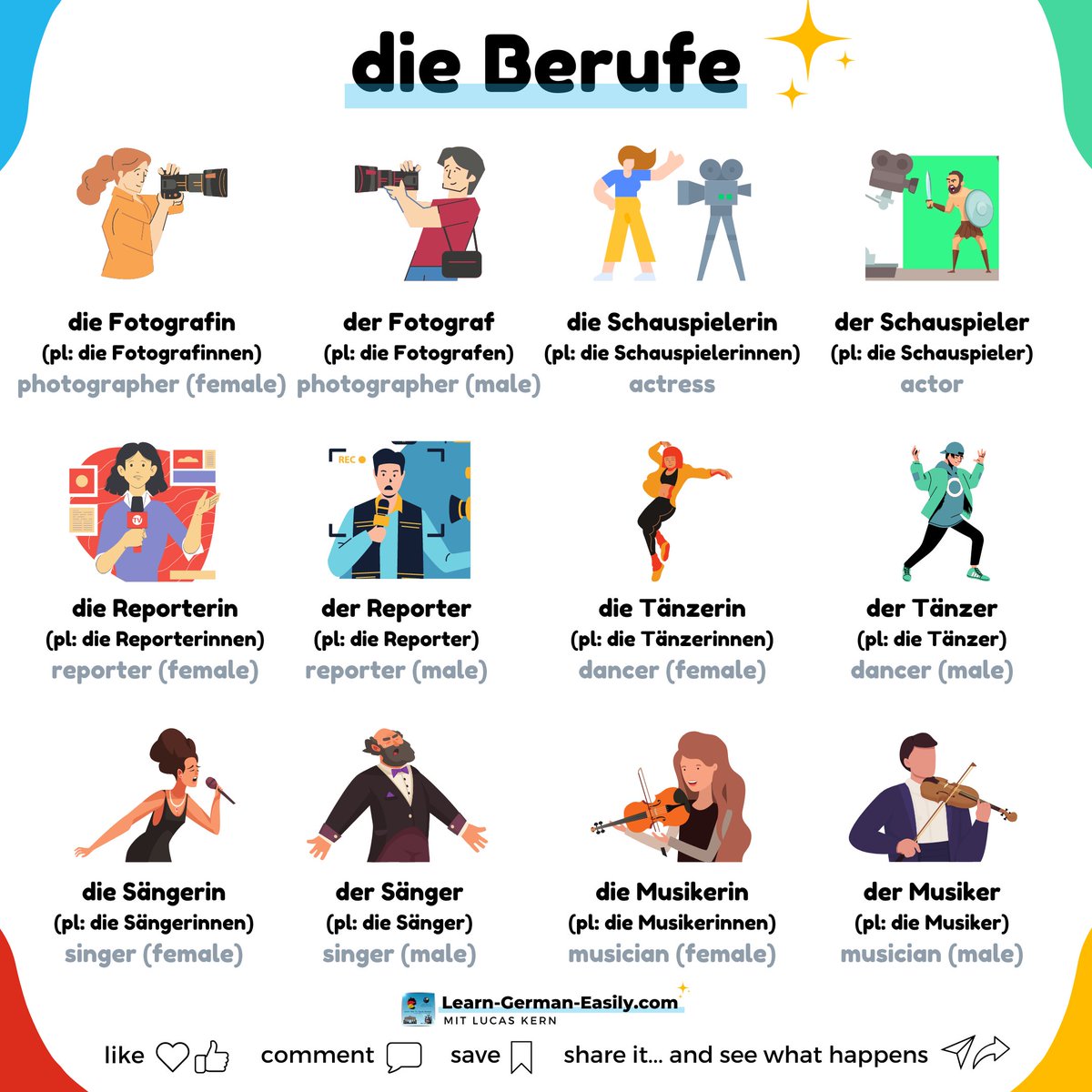 LearnXDGerman's tweet image. 🇩🇪

👨‍🎤👩‍🎤🎭 Have you ever wanted to be famous?

Well, here&apos;s a few professions that gather fame in German!

Did you know these before?

Listen to more German vocabulary:
learn-german-easily.com/german-vocabul…

___
#speakgerman #lernendeutsch #onlinegerman