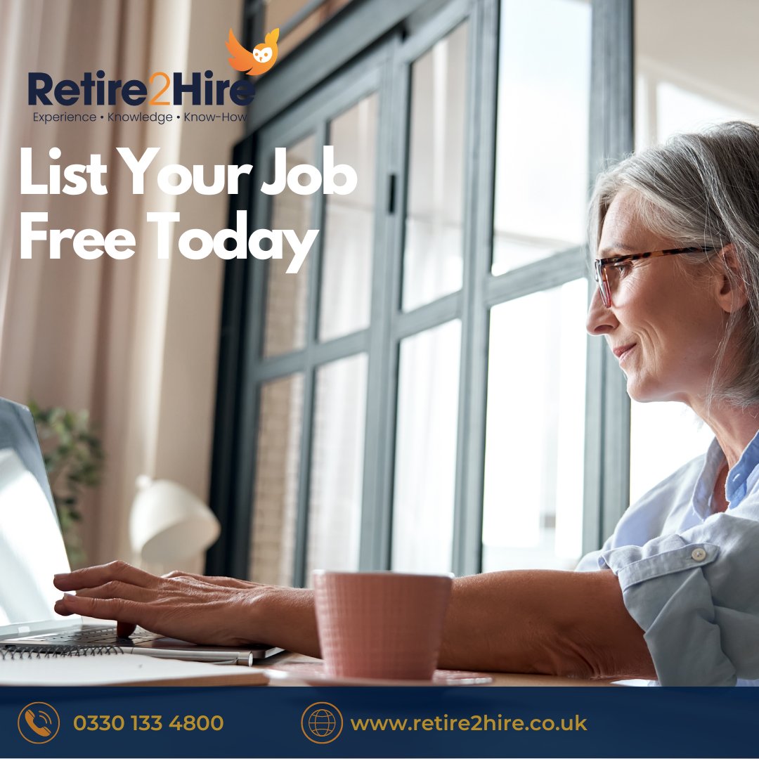 Retire2H's tweet image. Listing your job on Retire2Hire is easy and free! As the online membership site dedicated to connecting experienced retired people to businesses and individuals that want to use their skills and expertise. 📞 0330 133 4800 🌐 retire2hire.co.uk #onlinecommunity #retire2hire