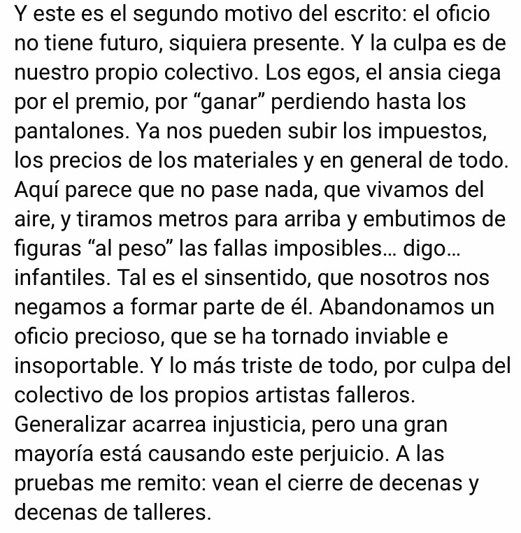 Comunicat de l’artista Vicente F. Lorenzo, on explica que deixa l’ofici i descriu la dramàtica situació dels artesans fallers: “Tiramos metros para arriba y embutimos de figuras al peso las fallas imposibles”.