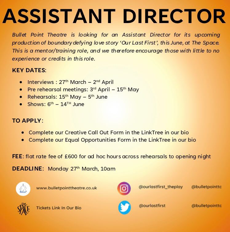 bulletpointtc's tweet photo. CREATIVE CALL (2/2)
We are also looking for a Intimacy Director, Assistant Director and a Stage Manager. Share far and wide! We look forward to seeing your applications. All details provided below. ๐งก
#stagemanager #intimacydirector #assistantdirector #creativecall #newplay https://t.co/BM3V4K0p7m