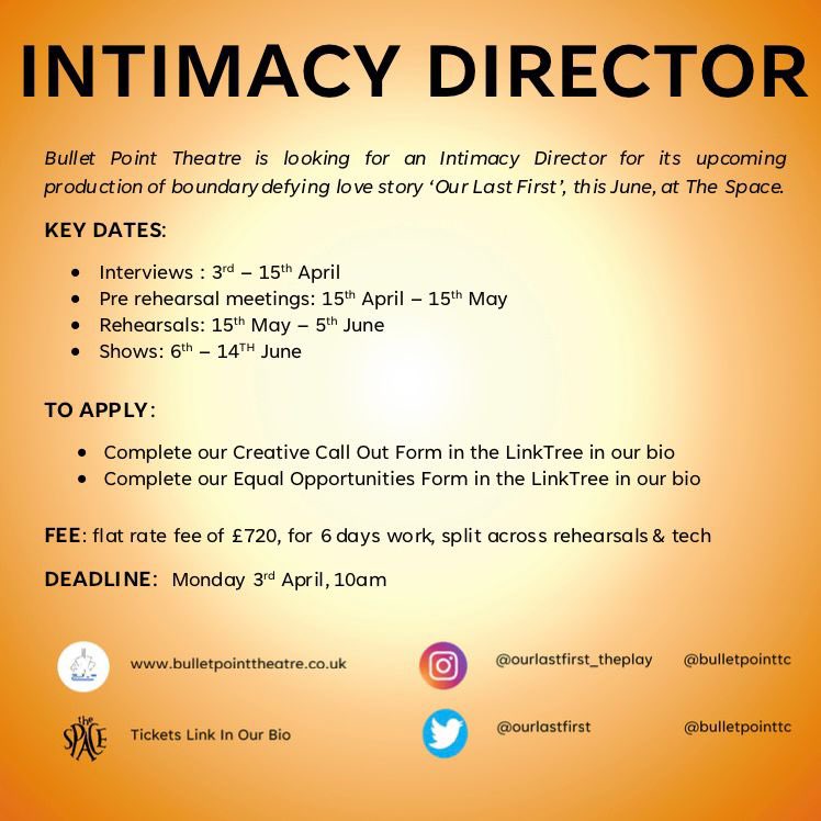 bulletpointtc's tweet photo. CREATIVE CALL (2/2)
We are also looking for a Intimacy Director, Assistant Director and a Stage Manager. Share far and wide! We look forward to seeing your applications. All details provided below. ๐งก
#stagemanager #intimacydirector #assistantdirector #creativecall #newplay https://t.co/BM3V4K0p7m