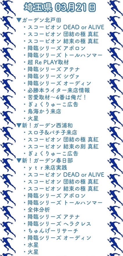 3/21👷♂️一番舘2店舗×ドリスロ👷♂️
🏃♂️一番舘草加/東所沢
✍️要点まとめ
👟草加→3台並び複数+🤡
👟東所沢→3台並び④箇所以上
👟系列ジャグ推し🤡
👟各店色アリ📌
1のつく日.番舘2店舗に👷♂️開催
↪︎草加は番長.絆/少数全意識🔎
↪︎東所沢も少数全や跨ぎ意識🔎
↪︎どちらも🤡ほぼ確で対象かと📝