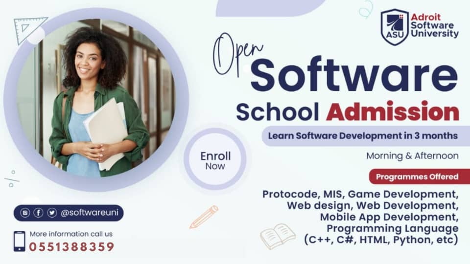 thesoftwareuni's tweet image. Are u looking 2 tk ur skills 2 the nxt level &amp;amp; mk a career in software engineering? Luk no further than Adroit Software University! Our training program offers hands-on experience in programming language, MIS, web design, mobile app dev&apos;t &amp;amp; more. Call on 0551388359 for more info.
