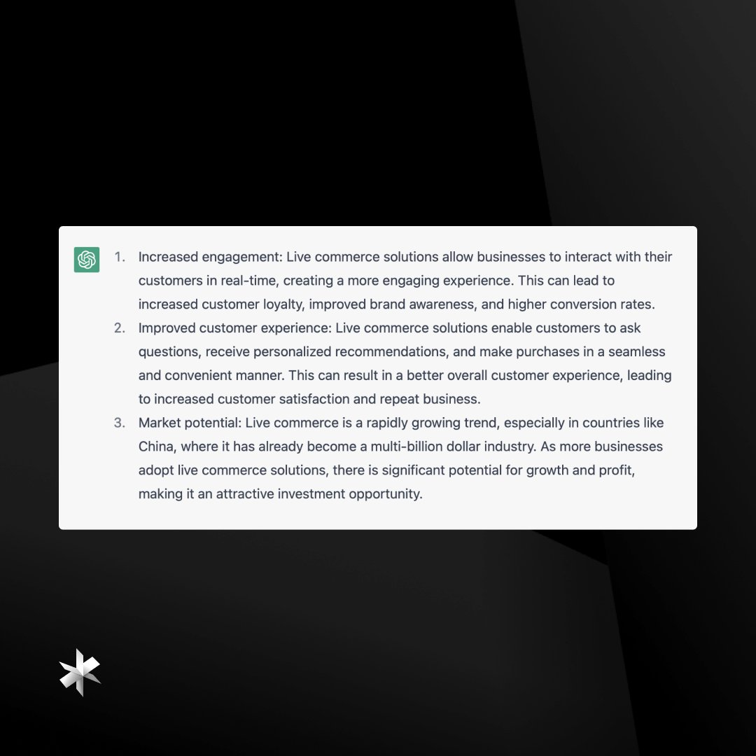 infiniteukraine's tweet photo. What kind of feedback have we not seen about the (un)intelligence of ChatGPT!

But when we asked it about three reasons why it is worth investing in live commerce solutions, we felt complete mutual understanding 🤝

#infinitelivestreaming #livecommerce #ecommerce #chatgpt https://t.co/XgCd1j4rhQ