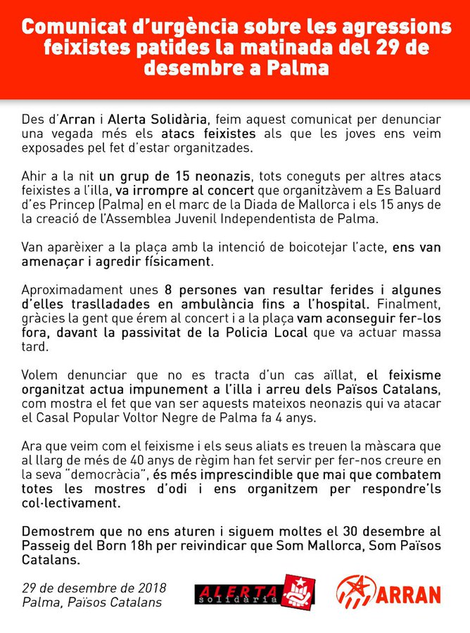 AlertaSolidaria's tweet photo. 🔥Portam 4 feixistes a judici per les agressions de la Diada 2018!

L'atac es produí davant la passivitat de la policia local. Feia mesos que denunciàvem amenaces i els fatxes eren els mateixos de l'atac al @CPVoltorNegre 4 anys abans

Davant dels seus atacs, NO CALLAM!!! https://t.co/JZp4jE9uLP