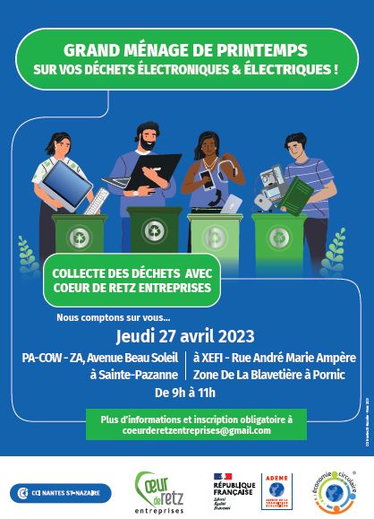 Faites le ménage de printemps dans vos entreprises ! NOTEZ SUR VOS AGENDAS. <a href="/CREassociation/">coeur de retz entrep</a> , la <a href="/CCINantes/">CCI Nantes St Nazaire</a> et <a href="/ademe/">ADEME</a> <a href="/ChrysChauvet/">Chrystèle Chauvet</a> @Ecologic_France <a href="/Mi_Delcroix/">Michelle DELCROIX</a> <a href="/CCI_DD/">CCI Transitions</a> <a href="/FarrouetPRO/">Fabienne ARROUET PRO</a>  vous donnent rendez-vous 27 Avril pour une collecte des déchets électriques et électroniques.