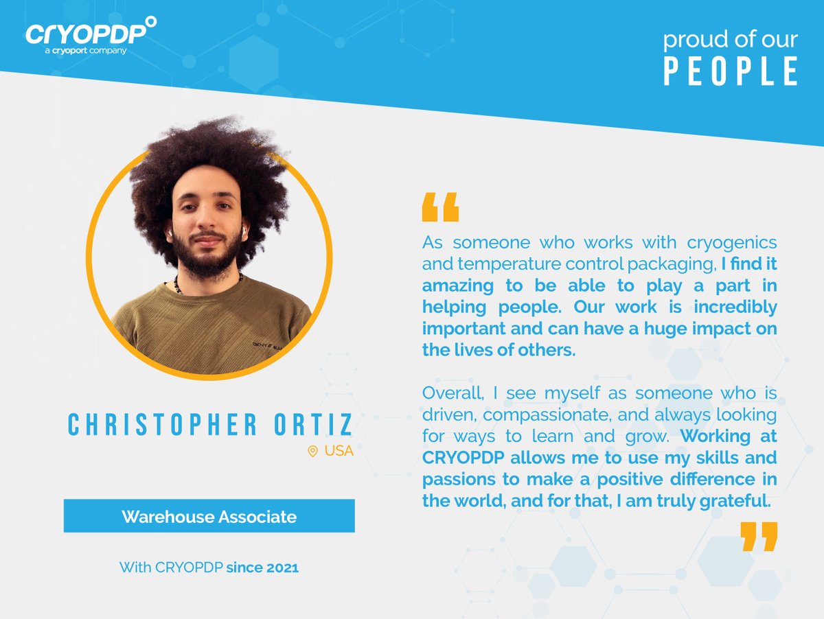 At CRYOPDP we are Proud of Our People!
 
Meet Christopher, he is passionate about preserving the environment and reducing waste. He works out five days a week and practices Brazilian jiu-jitsu to keep himself healthy and grounded.  

#DiscoverCRYOPDP #ProudofOurPeople
