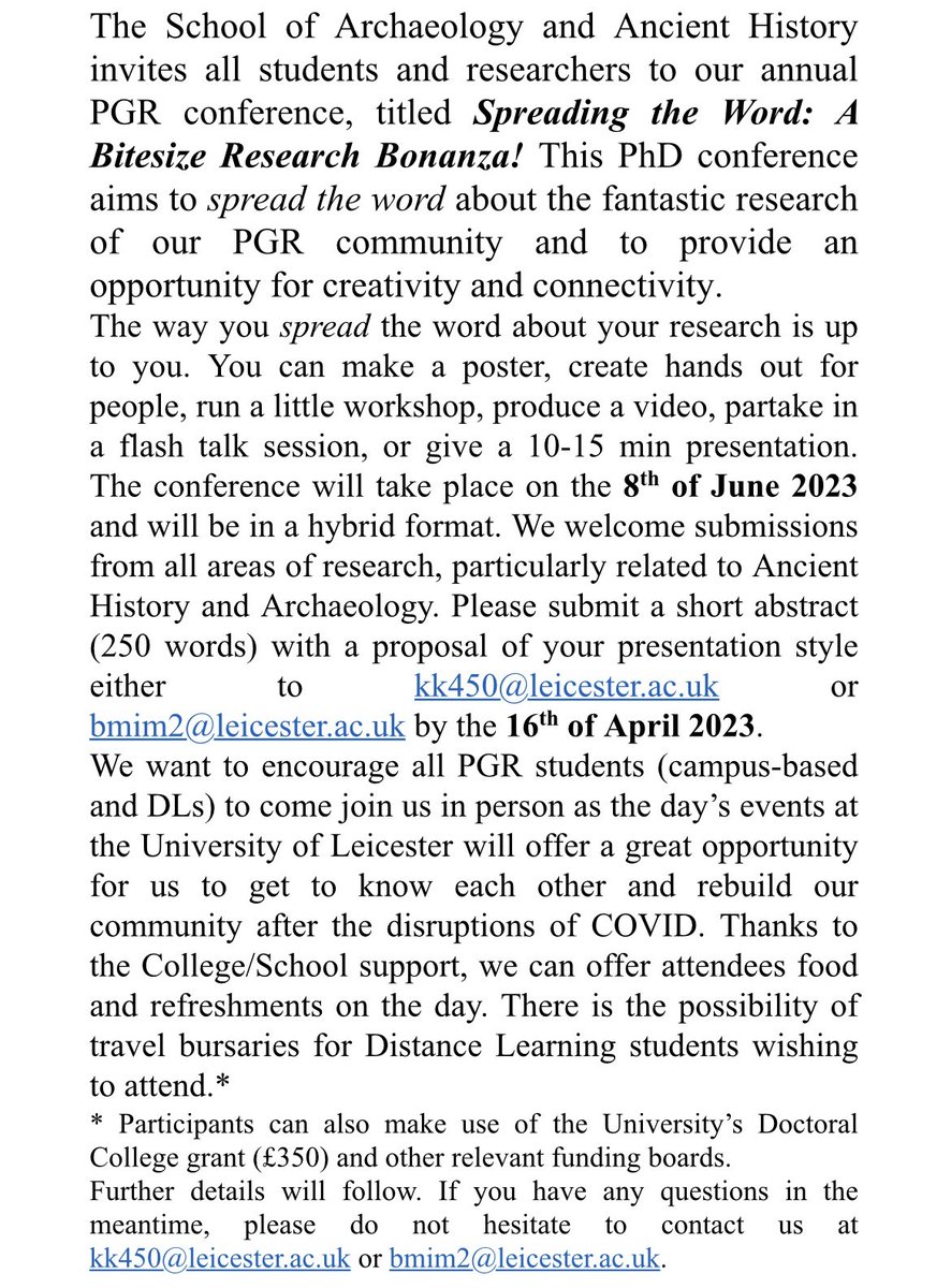 Excited to share details for the SAAH PGR conference ‘Spreading the Word: A Bitesize Research Bonanza’! This offers researchers a platform to share their work in a multitude of non-traditional ways 📢 CfP open until 16th April @ArchAncHistLeic <a href="/LeicesterCSSAH/">College of Social Sciences, Arts and Humanities</a> <a href="/uniofleicester/">University of Leicester</a>