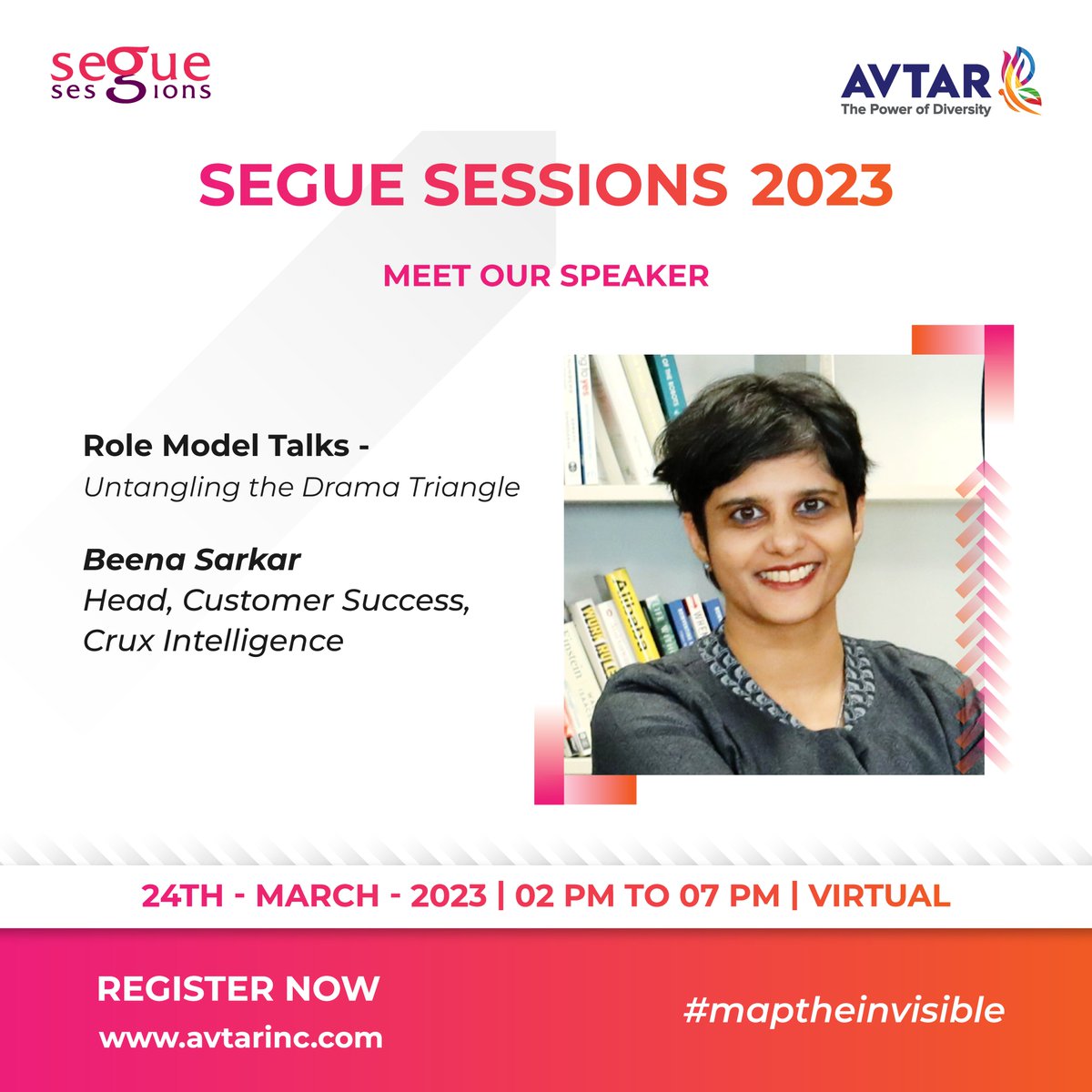 avtarcc's tweet photo. We are thrilled to welcome Beena Sarkar, Head, Customer Success, Crux Intelligence, as a speaker for Segue Sessions 2023, a one-of-a-kind conference that aims to #MapTheInvisible for women professionals to grow and advance in their careers. (1/5) https://t.co/Cms9reXSxf