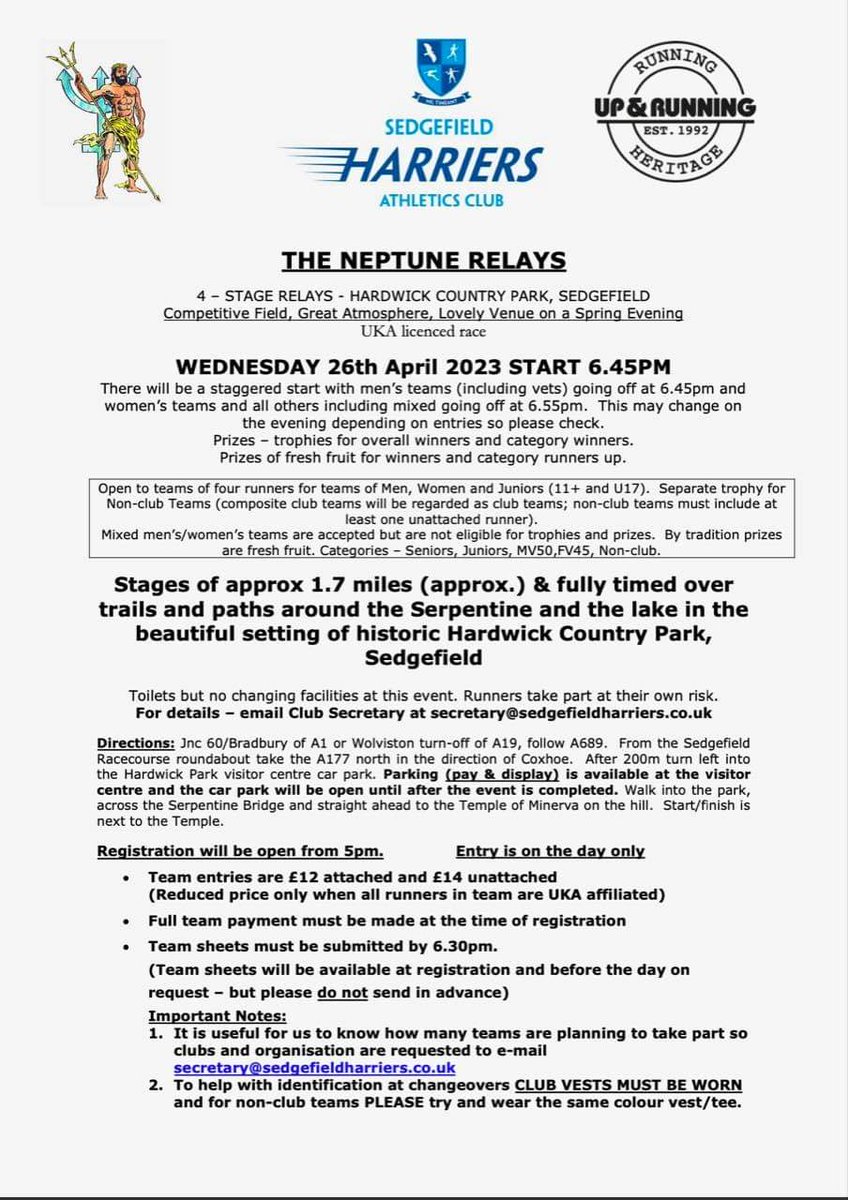 SedgeHarriers's tweet photo. Our Neptune Relays are back! This year's event is on Wednesday 26th April. What could be better on a Spring evening than racing around the beautiful setting of Hardwick Park in Sedgefield? We look forward to welcoming you all. https://t.co/MOtDtk38Vb