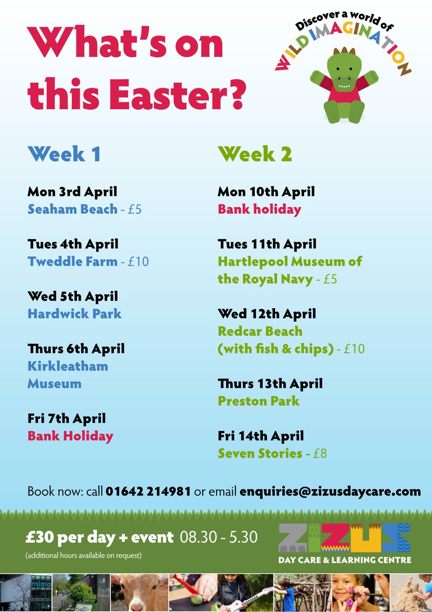Time to share Easter's #HolidayClub schedule!

To book your child's places head to bit.ly/3ZYxrWl or get in touch with any questions:

📱 WhatsApp - 07388455434
☎️ Call - 01642 214981
📧 enquiries@zizusdaycare.com

#childcare #schoolholidays #middlesbrough #teesside