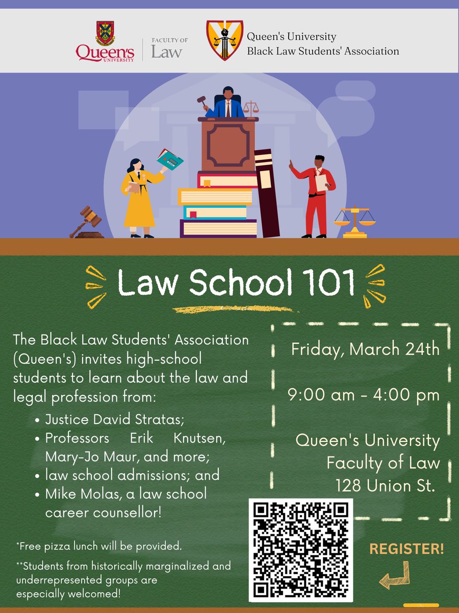 On March 24, LDSB Grades 9-12 students will have the opportunity to participate in a one-day Law School 101 conference at the @QueensU Faculty of Law hosted by the Queen's chapter of the Black Law Students' Association (QBLSA). Register here:  forms.office.com/r/teG98UX73S