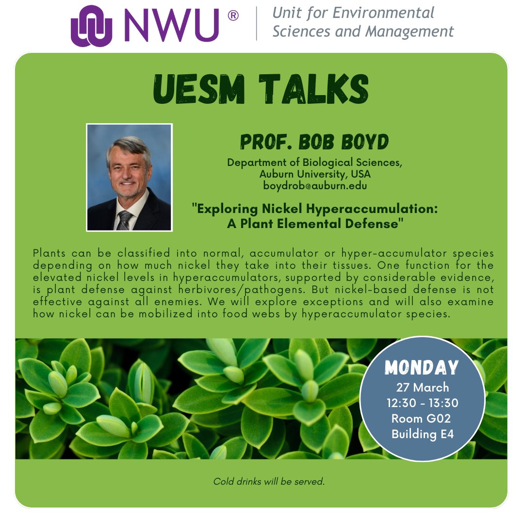 NWU_UESM's tweet photo. You are invited to attend a special 40min UESM Talk by Professor Bob Boyd. 

If you'd like to present your research, contact Prof Frank Neumann at Frank.Neumann@nwu.ac.za

#botany #plantdefense #hyperaccumulation #nickel #environmentalscience https://t.co/n0oEjtk6QK