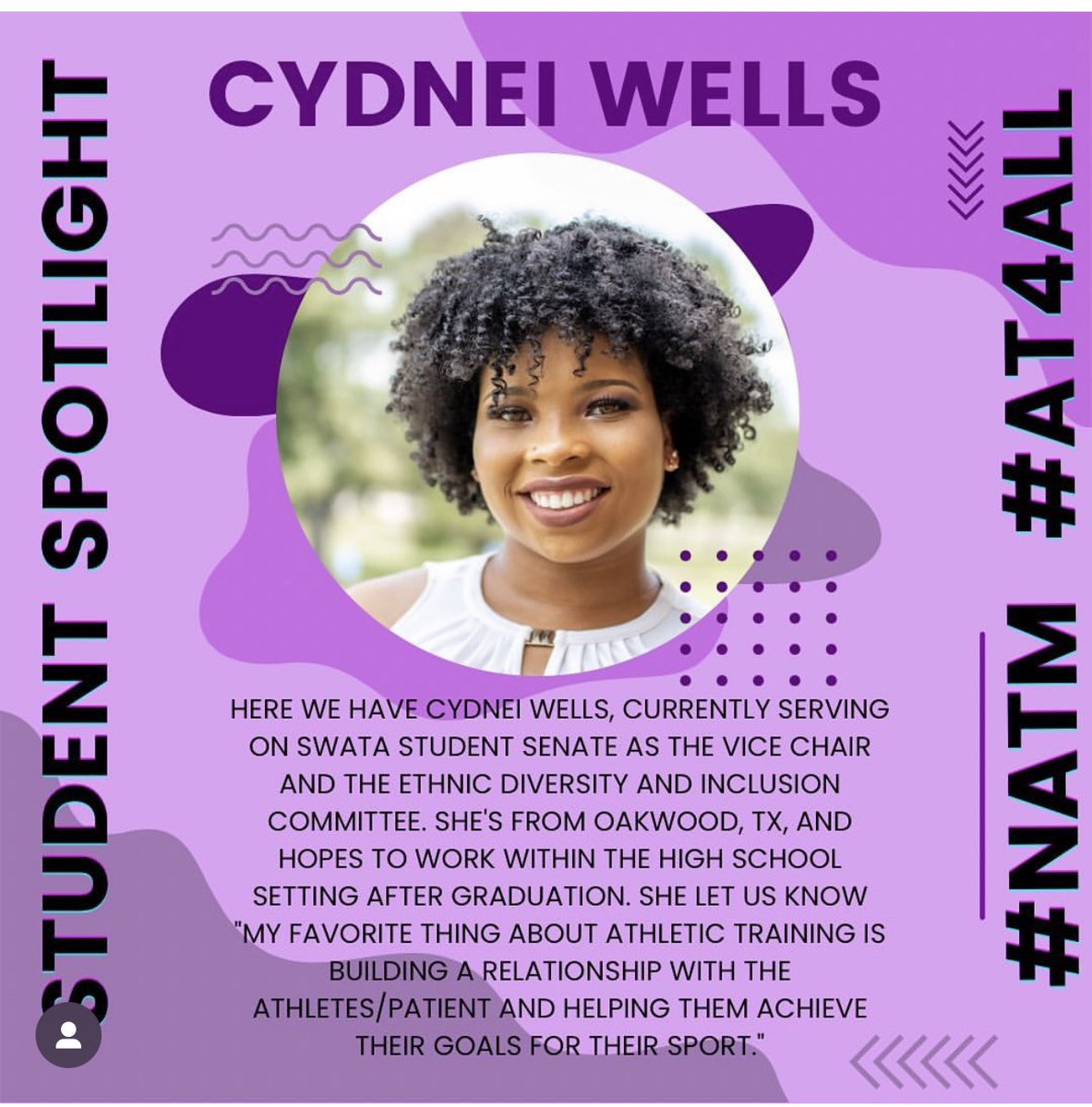 Tarleton_MSAT's tweet photo. NATM Day 20 Student Spotlight is on Second Year student Cydnei Wells. Cydnei came to us from ETBU and is an LAT working towards certification.  💜#natm #at4all #bleedpurple @TexanSportsMed @Tarleton_KINE @NTATS @SWATASenate @CTATS07 @TexasSSAT https://t.co/pnEWzRv37i