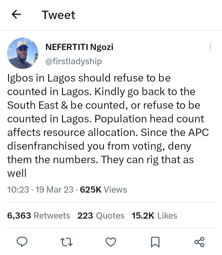 Sholexx_'s tweet photo. Influencers are advising igbos to return to their states during census so it will affect Lagos on resource allocation

I'd advice @followlasg to make sure that during census, residents/indigenes should be issued "CENSUS TAG" once they're counted which will come with some benefits https://t.co/UWgFOIuQp1