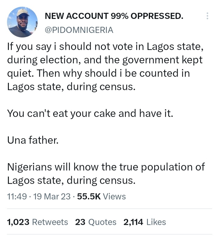 Sholexx_'s tweet photo. Influencers are advising igbos to return to their states during census so it will affect Lagos on resource allocation

I'd advice @followlasg to make sure that during census, residents/indigenes should be issued "CENSUS TAG" once they're counted which will come with some benefits https://t.co/UWgFOIuQp1
